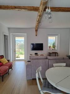ein Wohnzimmer mit einem Sofa und einem Tisch in der Unterkunft Landal House - Óbidos 