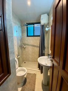La salle de bains est pourvue de toilettes, d'un lavabo et d'une douche. dans l'établissement Homely 2-Bedroom at Victoria Place, à Dar es Salaam