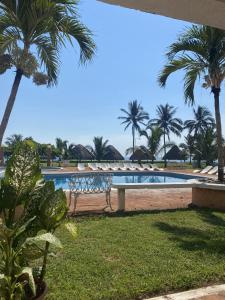 a bench next to a swimming pool with palm trees at Hotel Torre Molino in Monte Gordo