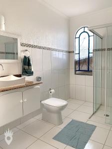 a bathroom with a toilet and a sink and a shower at Linda casa de fazenda no interior de SP in Elias Fausto +23 photos