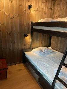 1 dormitorio con 2 literas en una habitación con paredes de madera en Ski in/out, amazing views, 3 bedrooms, en Noresund