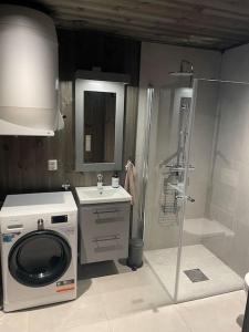 La salle de bains est pourvue d'un lave-linge et d'une douche. dans l'établissement Ski in/out, amazing views, 3 bedrooms, à Noresund