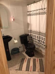 a bathroom with a black toilet and a shower at Hostal de Luz in Villarrica