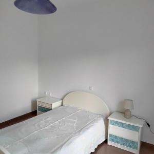 1 dormitorio con 1 cama y 2 mesitas de noche en Παραθαλάσσια εξοχική κατοικία, en Vasilika