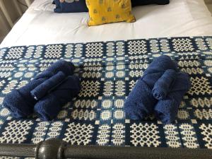 een groep blauwe handdoeken op een bed bij Orchard house guest studio accommodation in Marchwiel