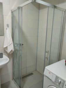 a shower in a bathroom with a washing machine at Apartman Aleksandar in Zvornik