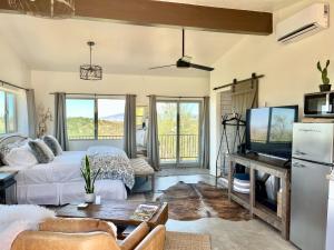 a living room with a bed and a tv at NEW Feather Your Nest King bed Casita, Balcony/BBQ, Amazing views & great Location! Dog friendly in Prescott