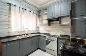 a kitchen with gray cabinets and a sink and a stove at Wood Road Guest Lodge in Victoria Falls