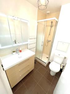 a bathroom with a toilet and a shower and a sink at Lovely Disney House in Magny-le-Hongre