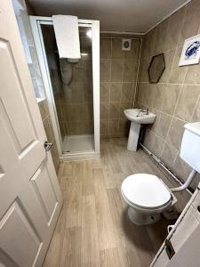 La salle de bains est pourvue de toilettes, d'un lavabo et d'une douche. dans l'établissement Bright Home From Home, à Stoke-on-Trent