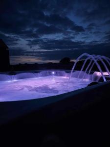 a swimming pool with a fountain at night at Four Winds B&B StDavids in St. Davids