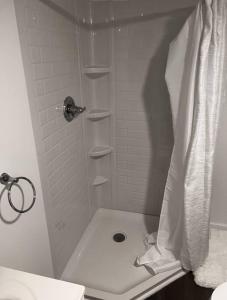 W łazience znajduje się prysznic, toaleta i umywalka. w obiekcie The Double Door Inn - Unit 2 w mieście Matthews