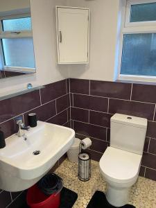 a bathroom with a white toilet and a sink at Morganvilla! in Chatham