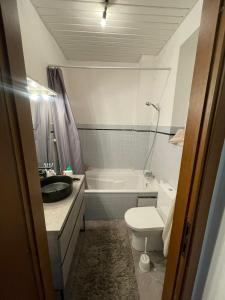 uma casa de banho com um lavatório, um WC e uma banheira em Appartement spacieux pour un séjour inoubliable em Bruxelas