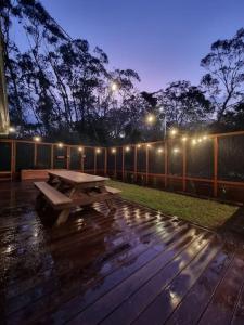 una mesa de picnic en una terraza por la noche con luces en Blue Mountains Sweet Retreat, en Leura