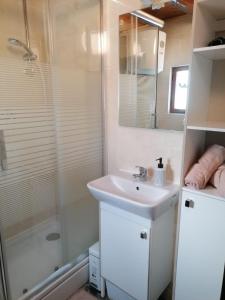 a white bathroom with a sink and a shower at Family friendly house with a parking space Zdihovo, Gorski kotar - 20491 in Bosiljevo