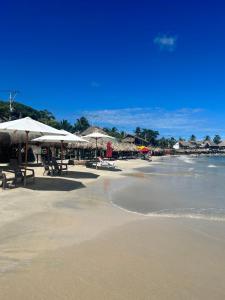 plaża z leżakami i parasolami oraz ocean w obiekcie Eco Hostal Villa Canada - A Sustainable Oasis on Isla de Tierra Bomba w mieście Playa Punta Arena