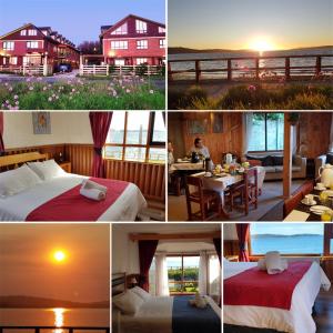 a collage of photos of a hotel with beds and a room at Hostal Vista al Mar hct in Ancud