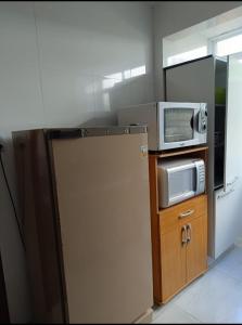 y cocina con microondas y nevera. en Apartamento 2 quartos en Pelotas