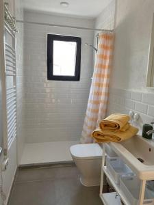 a bathroom with a toilet and a sink and a shower at El paller de L´Armentera 3 in Saldet +22 photos