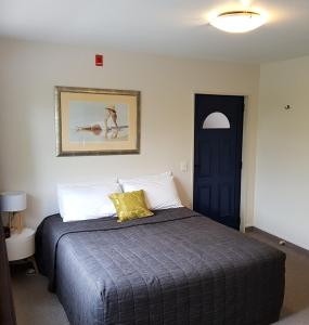 1 dormitorio con 1 cama y puerta azul en Panorama Motor Lodge, en Timaru