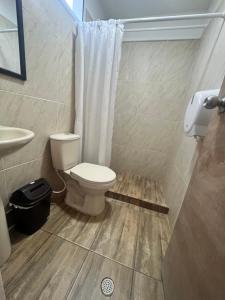 La salle de bains est pourvue de toilettes et d'un lavabo. dans l'établissement Hotel Playarena, à Coveñas