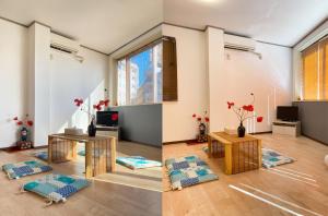 two pictures of a living room with a table at Uhome Mitomi Home 3F in Tokyo