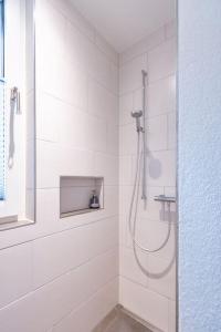 Baño blanco con ducha con puerta de cristal en Wohnung Pulverturm en Appenzell