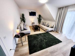 ein Wohnzimmer mit einem Sofa und einem Teppich in der Unterkunft ND Hotels & Apartment Düsseldorf in Düsseldorf