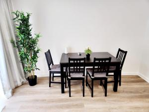 ein schwarzer Esstisch und Stühle mit Pflanzen in der Unterkunft ND Hotels & Apartment Düsseldorf in Düsseldorf