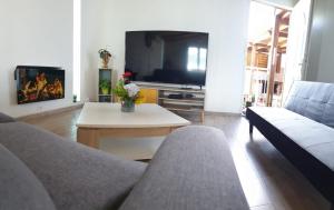 sala de estar con sofá, mesa y TV en Le tibouchina, en Le Tampon