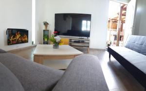 a living room with a couch and a table and a tv at Villa bon'heure -Le tibouchina in Le Tampon