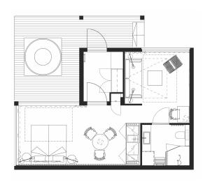 un plan d'étage d'une petite maison dans l'établissement Northern Lights Ranch, à Levi