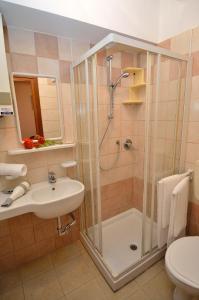 ein Bad mit einer Dusche und einem Waschbecken in der Unterkunft Hotel Amba Alagi in Marghera