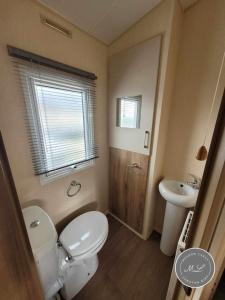 a bathroom with a white toilet and a sink at The Meadows 34 - Golden Palm Resort, pet friendly, WiFi & bed linen - Meadow Lakes Caravan & Lodge Hire in Chapel Saint Leonards