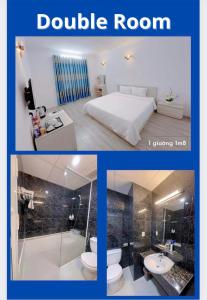 - deux photos d'une chambre et une salle de bains avec une chambre double dans l'établissement Sài Gòn - Hà Tiên, à Hà Tiên
