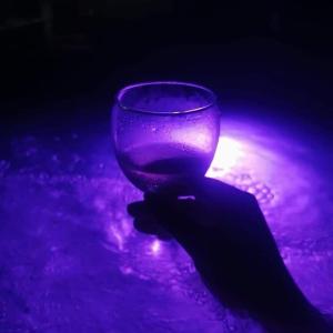 una mano sosteniendo una copa de vino con una luz púrpura en Chata Hrabovská, 