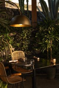 una mesa y sillas en una habitación con plantas en Santo Pure Oia Suites & Villas, en Oia