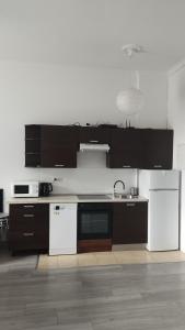 a kitchen with black cabinets and white appliances at Urban Nest Apartments Gertrudy 7 in Krakow