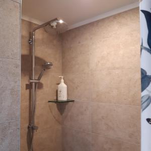 een badkamer met een douche en een fles op een plank bij Bunny Cottage in Masterton