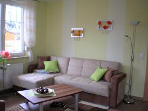 una sala de estar con un sofá y una mesa en Ferienwohnungen Appartements - Ferienhaus Müritztraum, en Marienfelde