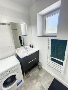 a bathroom with a washing machine and a sink at La Métairie du Château - Sublime T3 in Villefranche-de-Lauragais