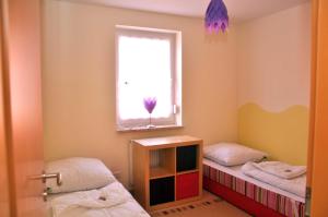 Dos camas individuales en una habitación con ventana. en Ferienwohnungen Appartements - Ferienhaus Müritzwelle, en Marienfelde 9 fotos más