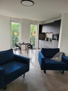 una sala de estar con 2 sofás azules y una mesa. en Egge Resort 7b mit Whirpool u Sauna en Altenbeken