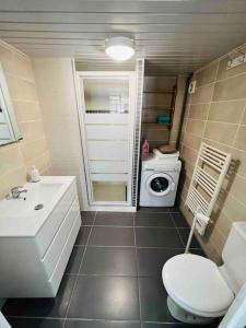 y baño con lavamanos y lavadora. en La Maison du Bastion - Gravelines centre, en Gravelines