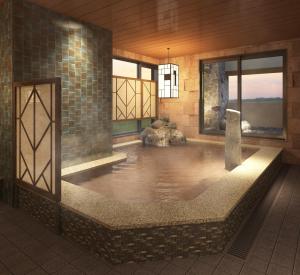 东京Dormy Inn Ikebukuro的带窗户的客房内的按摩浴缸