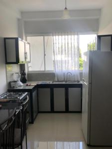 a kitchen with a sink and a refrigerator and a window at Randi Apartments B&B in Boralesgamuwa