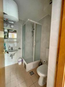 uma casa de banho com um chuveiro, um WC e um lavatório. em Apartments Boras em Cavtat