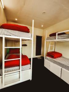 索納瑪的住宿－Mitra Hostel Sonamarg，一间客房配有三张双层床和红色床单。