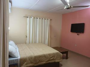 1 dormitorio con 1 cama y TV de pantalla plana en Border View ApartHotel and Events, en Otta